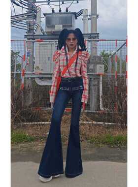 AOAOMISSSHOP鳌鳌家【重工前字母钻】长腿滤镜深蓝色牛仔大喇叭裤