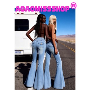 【大喇叭后口袋】AOAOMISSSHOP鳌鳌家欧美浅蓝LightB lue牛仔裤夏