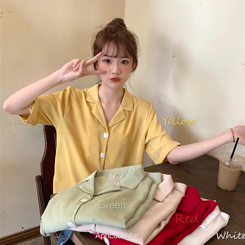 Summer new Korean retro Hong Kong Style collar short sleeve shirt women's summer design sense niche temperament top