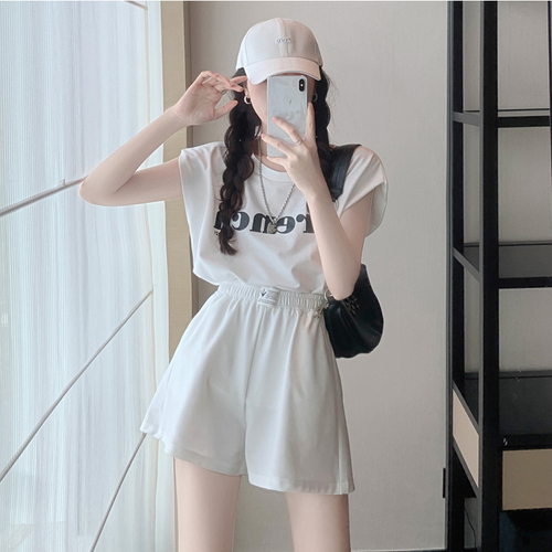 Pullover cotton fashion suit women's summer open back short sleeve T-shirt two piece sports shorts