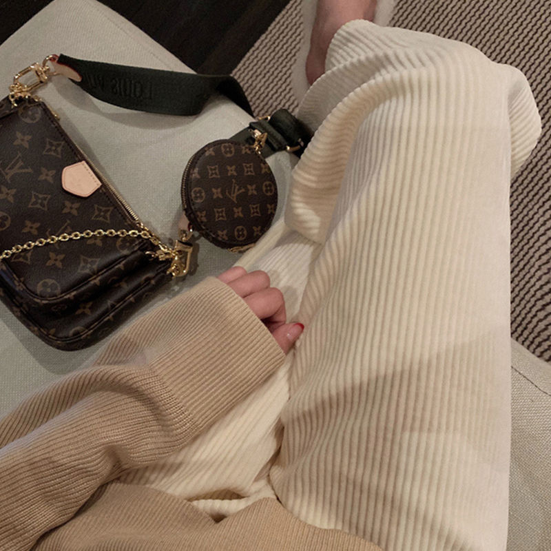 Non real shot corduroy pants spring and autumn wide leg pants women's high waist down feeling thin black pants loose