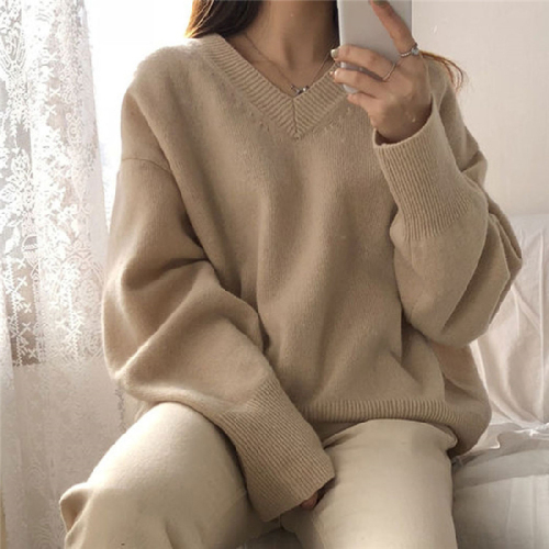 Lazy wind V-Neck Sweater for women loose and thin lazy wind spring and autumn wear knitted bottomed shirt outside and top inside