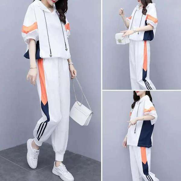 Europe station new summer Korean leisure sweater sportswear women's fashion splicing color contrast two piece suit