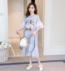 2021 fashion skirt children's new small mesh small fly sleeve dress super fairy summer student slim long skirt