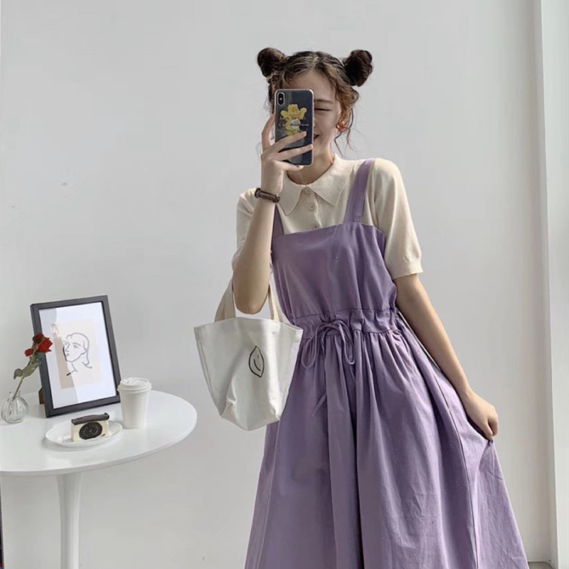 2021 summer autumn new Korean sweet purple strap skirt + shirt T-shirt two piece set for female students