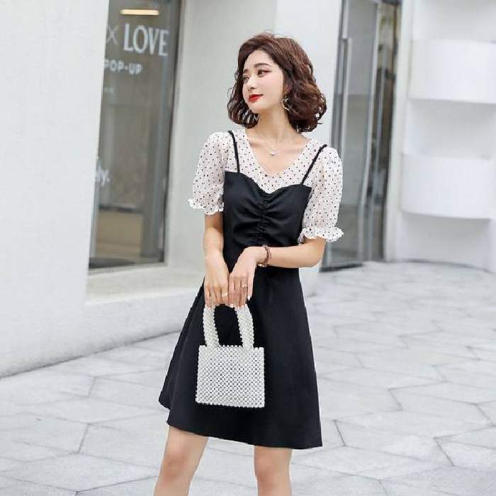 Fake two piece Polka Dot stitching chiffon dress women's summer new slim temperament small black skirt