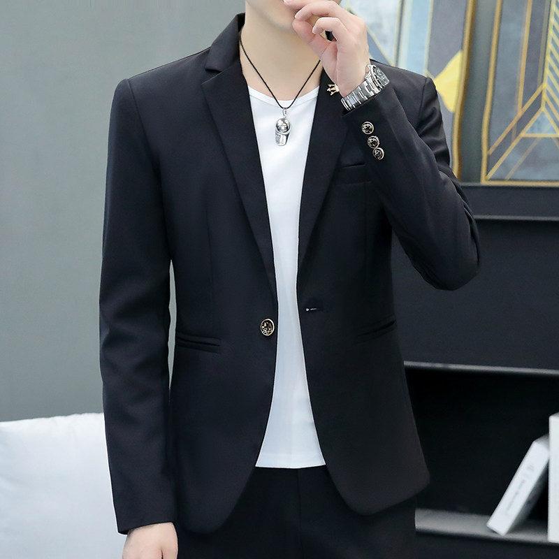 韩版修身西装男士休闲一粒扣黑色西服潮流ins帅气晚礼服春秋外套