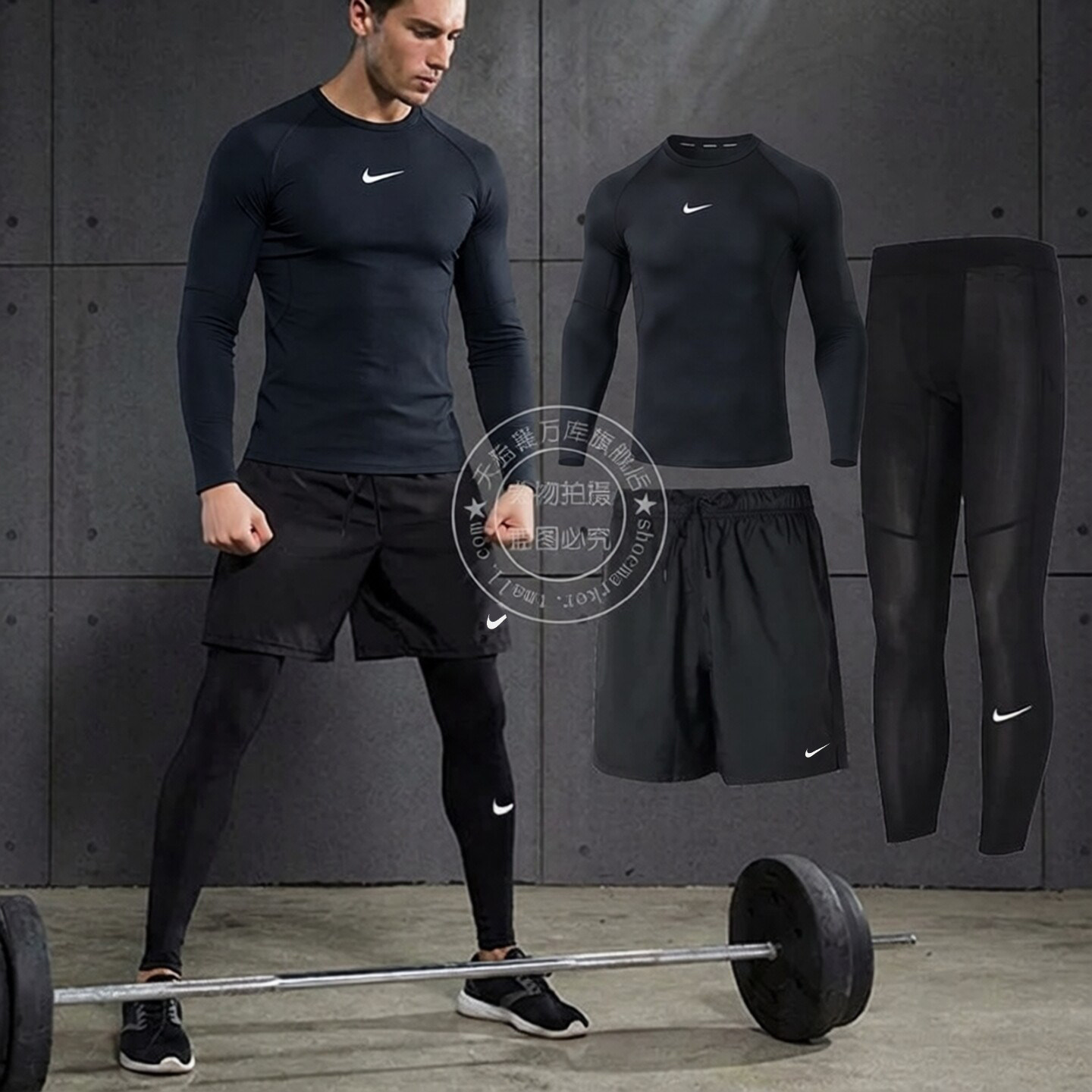 NIKE耐克男子运动套装秋季新款健身训练跑步紧身服长裤短裤三件套