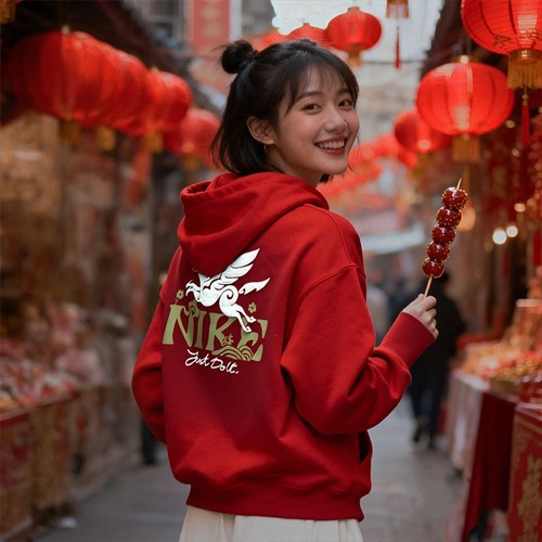 NIKE耐克2026春季女子新年卫衣红色印花logo连帽套头衫IQ3826-613