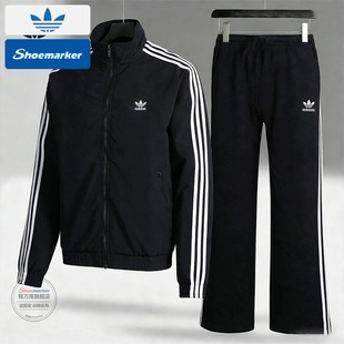 adidas阿迪达斯三叶草两件套女款黑色夹克长裤三条纹运动服套装男