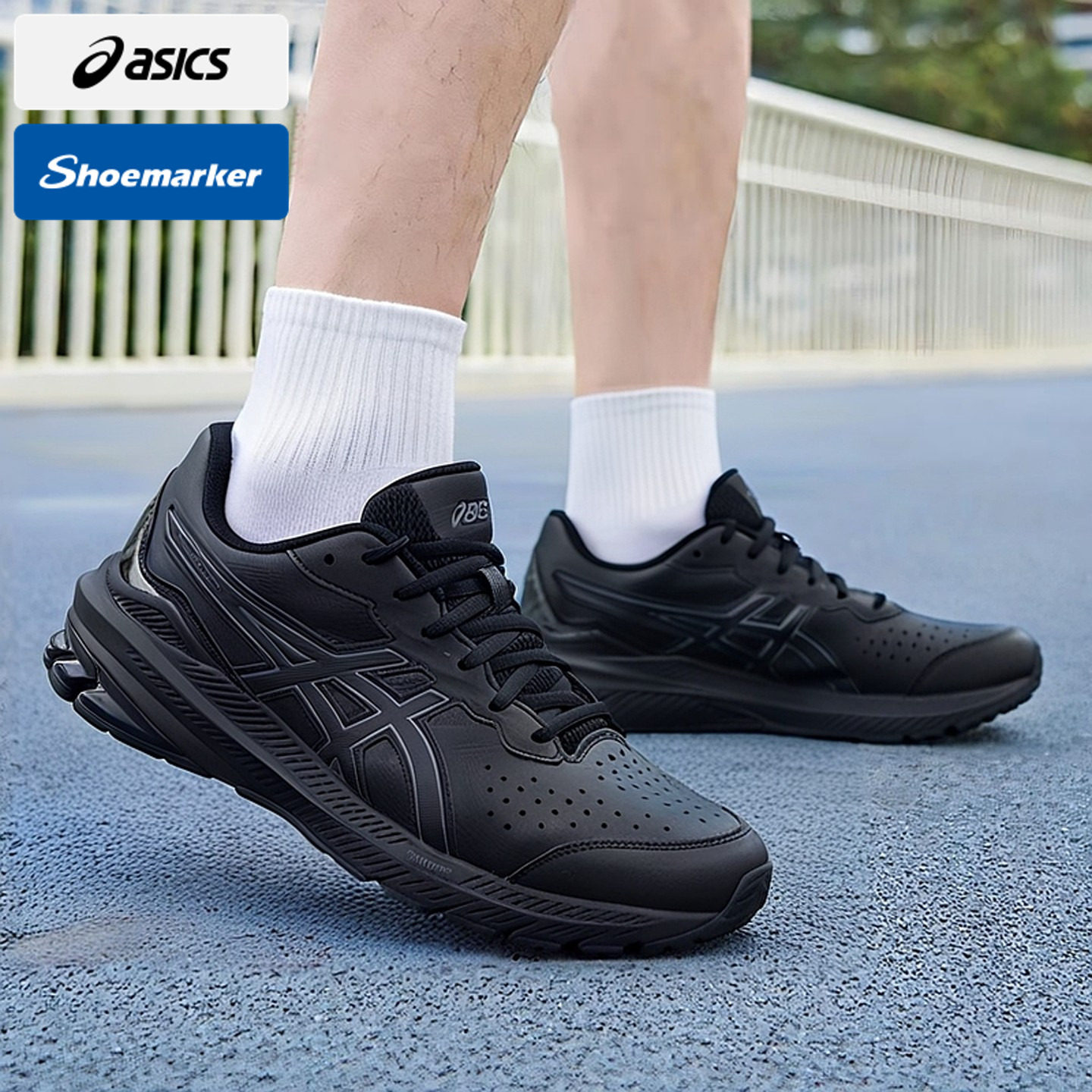 亚瑟士黑武士宽楦跑步鞋男鞋2025春季新款皮面慢跑鞋运动鞋训练鞋