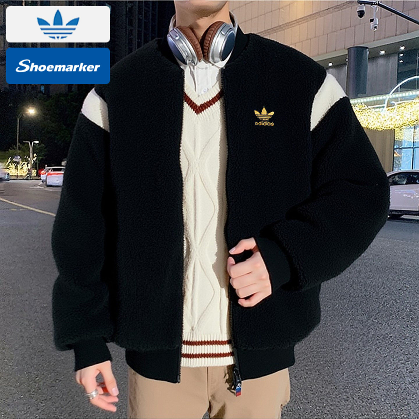 阿迪达斯三叶草FW23联名款羊羔绒外套男款25春季双面穿夹克IX4215