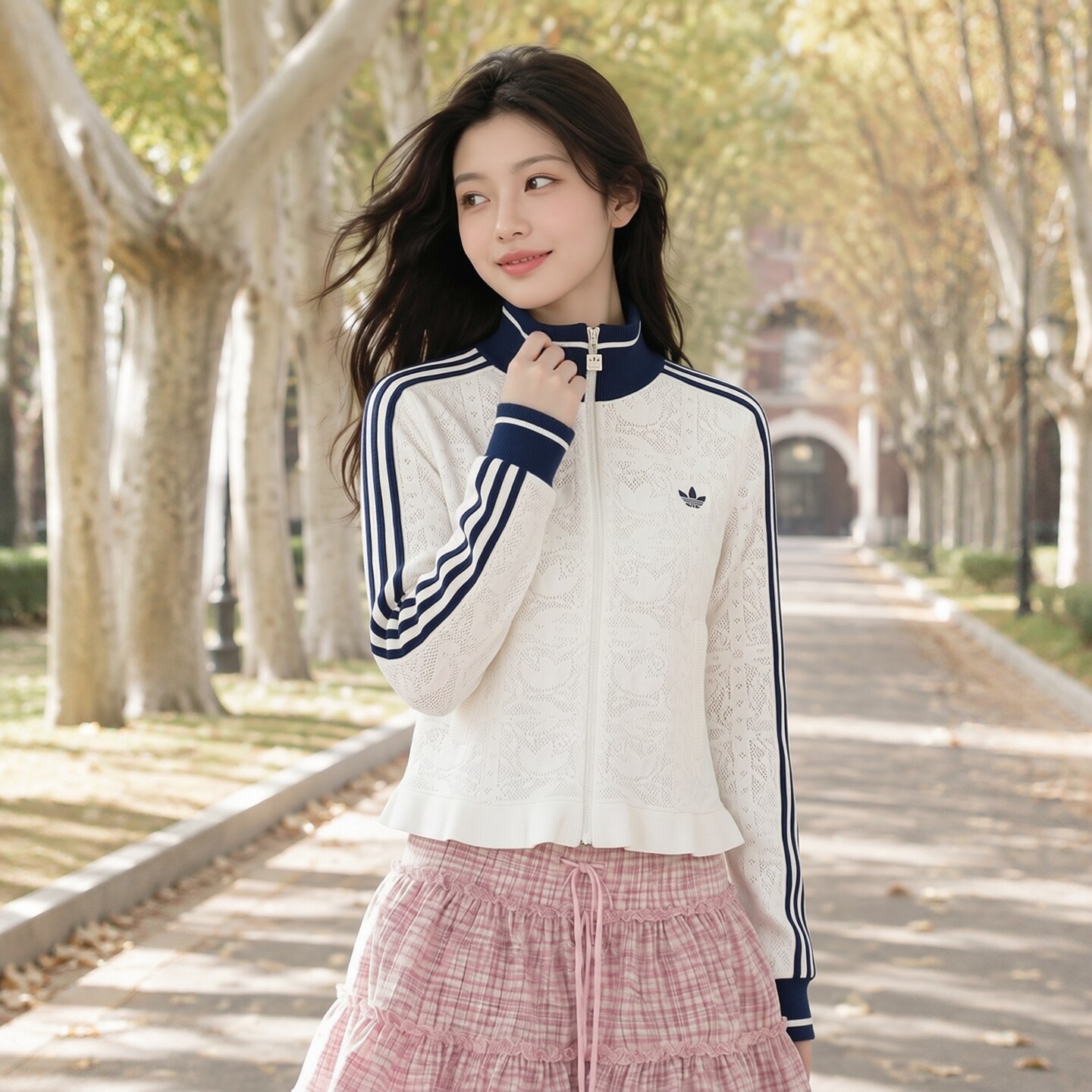 阿迪达斯女装镂空花纹修身夹克2026秋季新款蕾丝针织开衫外套上衣