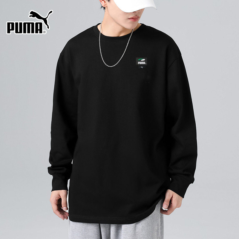 puma彪马黑色长袖t恤男2024冬季新款休闲跑步健身运动卫衣628138