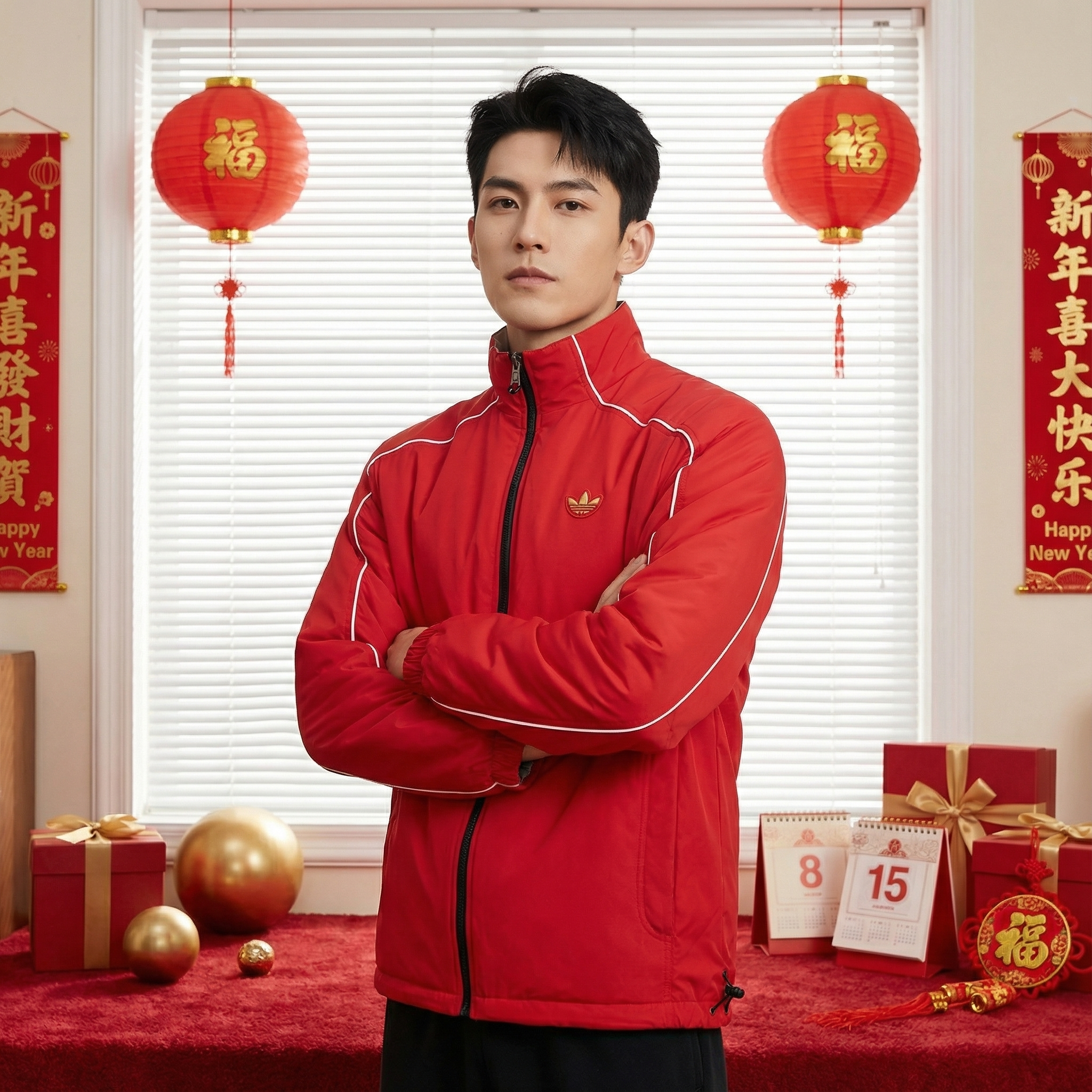 阿迪达斯三叶草棉服红色外套男款运动保暖夹克大红色棉衣KA0822