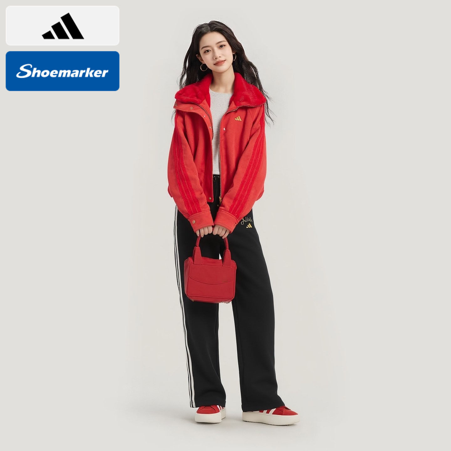 Adidas阿迪达斯运动风红色连帽外套女款翻领夹克衫短款上衣KH2661