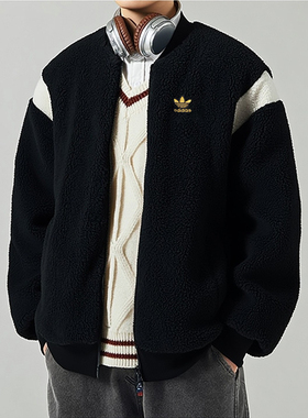 阿迪达斯三叶草羊羔绒外套男款25冬季款双面穿休闲抓绒夹克IX4215
