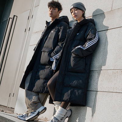 阿迪达斯三叶草黑色羽绒服男女同款25冬新款高充绒量长款羽绒外套