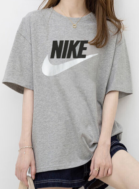 Nike耐克女士短袖T恤夏季新款圆领灰色男大勾纯棉休闲上衣AR5005