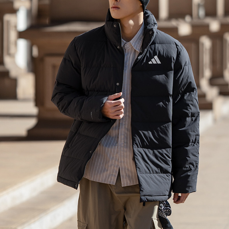 Adidas阿迪达斯排骨羽绒服男款25冬季新款黑色防寒立领羽绒外套