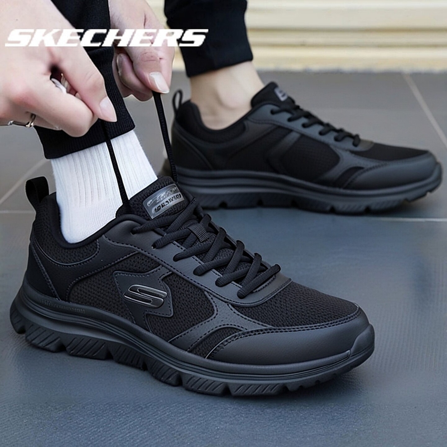 斯凯奇秋冬新款男鞋跑步鞋黑色缓震运动鞋网面透气轻便休闲鞋