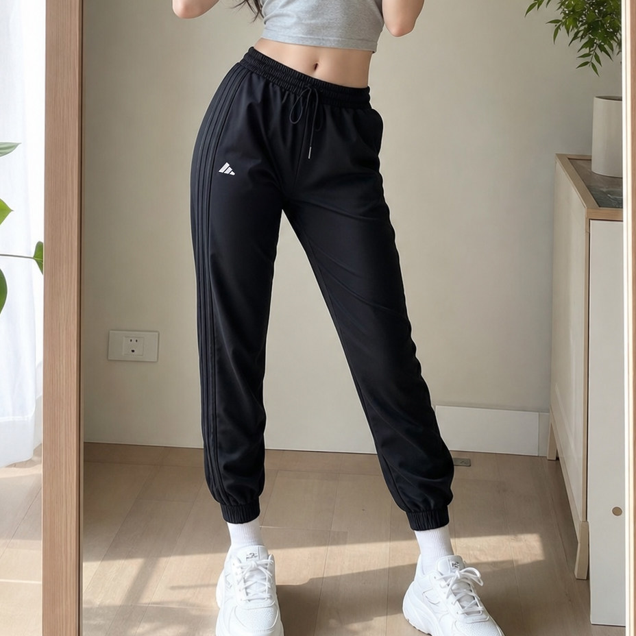 Adidas阿迪达斯女装长裤官方正品九分裤2026新款黑色梭织束脚裤