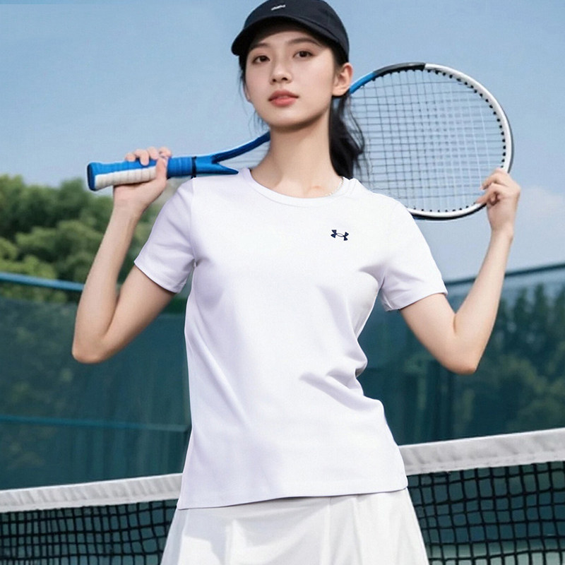 安德玛速干短袖女士新款跑步健身服透气运动上衣简约白色T恤半袖