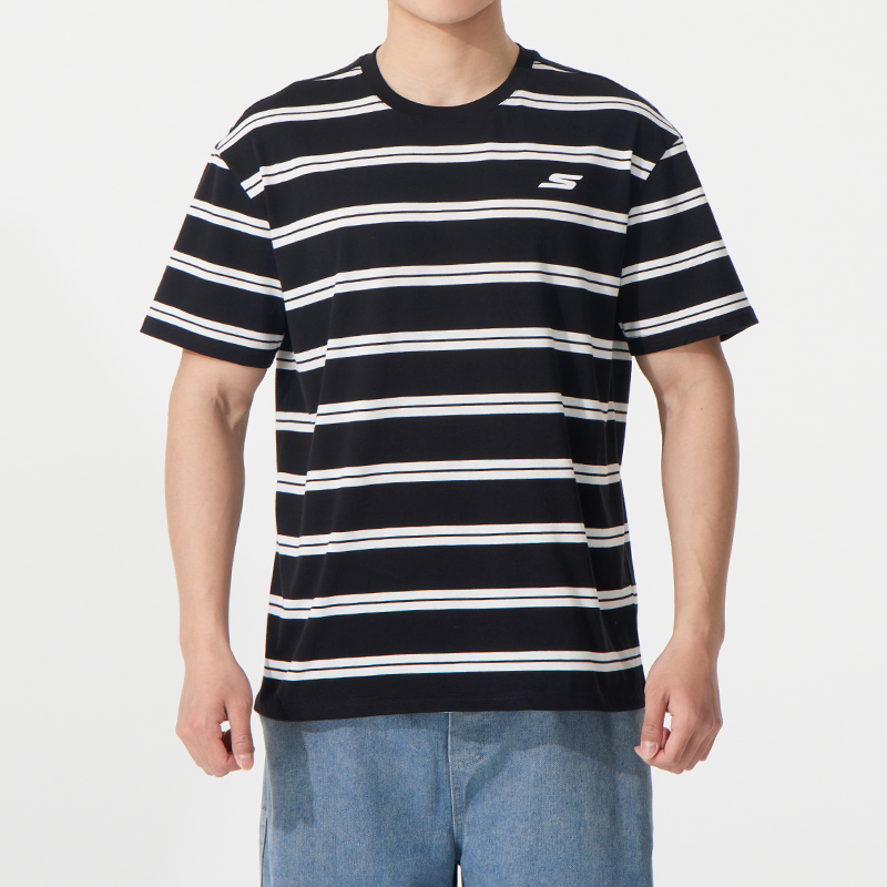 斯凯奇黑白条纹T恤男装女装2025冬季新款运动服针织短袖透气上衣