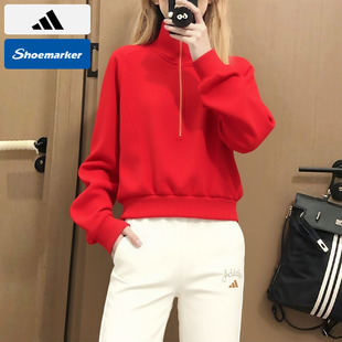 Adidas阿迪达斯红色短款半拉链卫衣女装26春季款拇指洞上衣KR7578