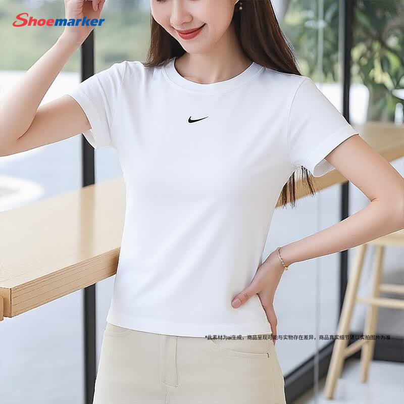 耐克女运动套装夏季跑步训练服透气简约潮流休闲白色修身短袖T恤
