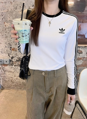 Adidas阿迪达斯正品白色时尚T恤2025秋季新款纯棉舒适衬衫IA4879