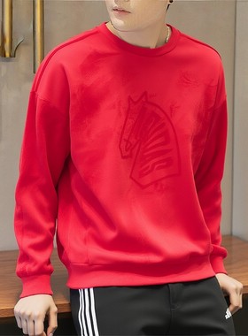 Adidas阿迪达斯红色马年新年款卫衣加绒保暖本命年上衣男KE4069