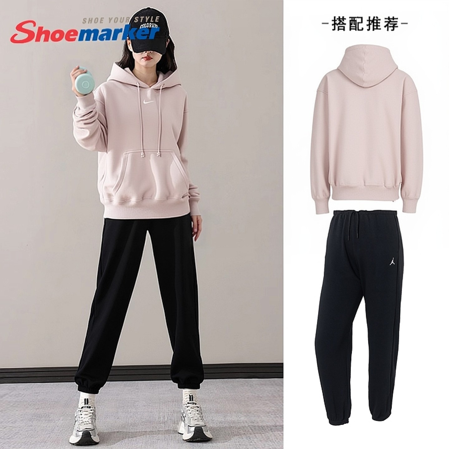 耐克NIKE加绒运动套装女款25冬季新款宽松连帽卫衣束脚运动长裤女