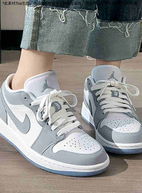 Nike耐克板鞋AJ1女鞋2026夏季灰色休闲鞋子低帮篮球鞋轻便运动鞋