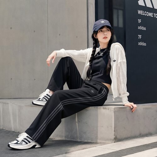 阿迪达斯三叶草女裤秋季新款训练运动休闲裤阔腿长裤LD8345