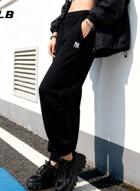 MLB长裤男女裤子2025冬季新款运动裤休闲黑色宽松卫裤3APTB0154
