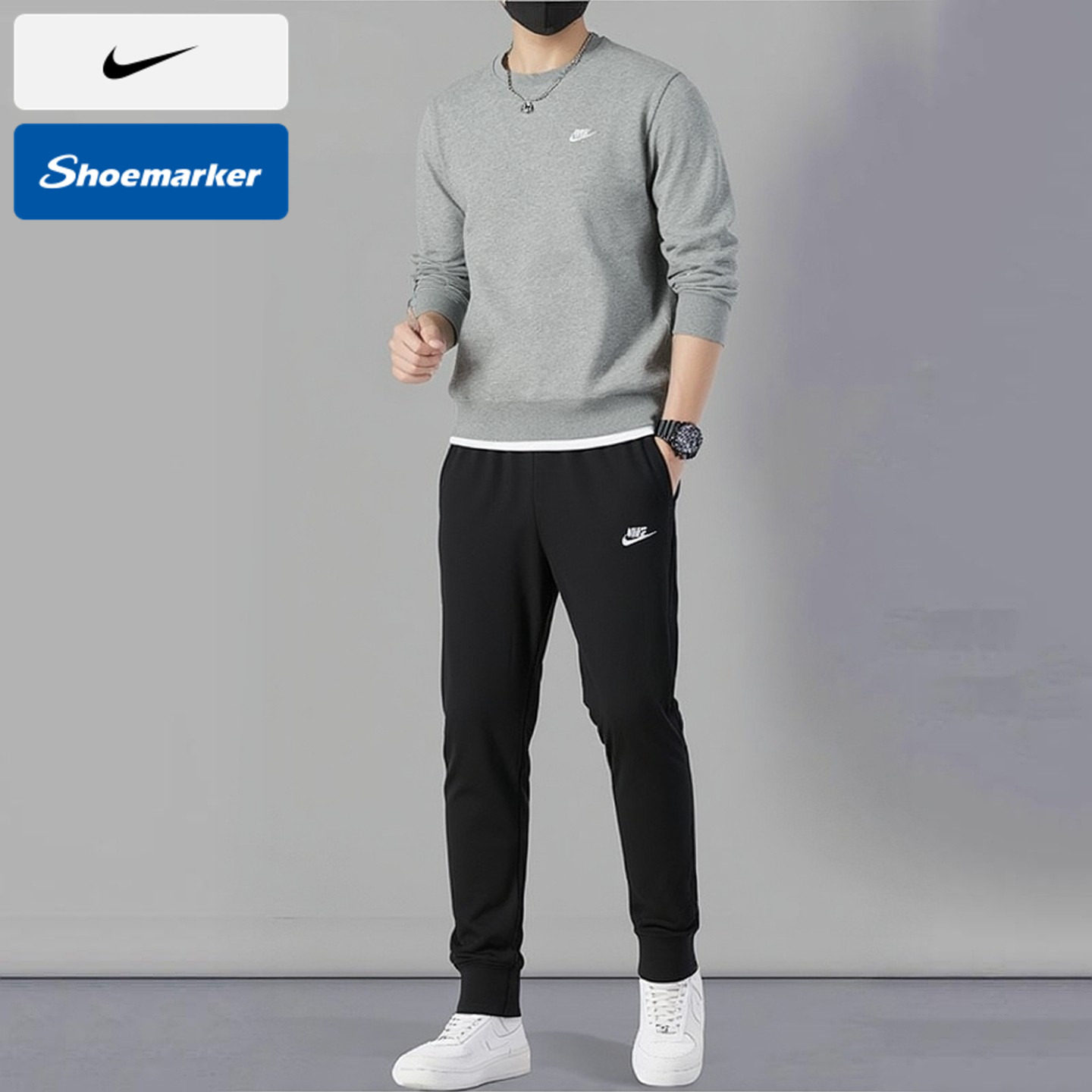 NIKE耐克运动套装男装秋季新款加绒卫衣套头衫针织长裤束脚裤卫裤