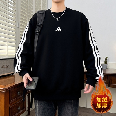 Adidas阿迪达斯加绒卫衣男2025冬季运动休闲保暖加厚套头衫JE6304
