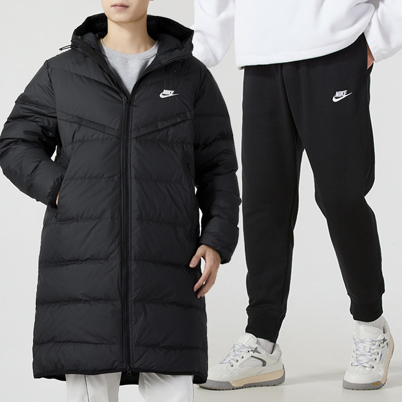 Nike耐克运动套装男秋冬新款连帽长款羽绒服针织毛圈束脚裤两件套