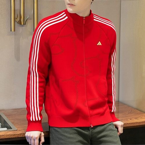 Adidas阿迪达斯小马纹路外套红色马年新年款保暖外套针织衫KE4062