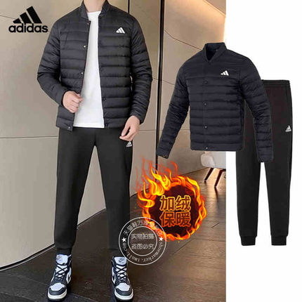 阿迪达斯保暖套装男2024冬季新款运动服羽绒服加绒裤子长裤两件套