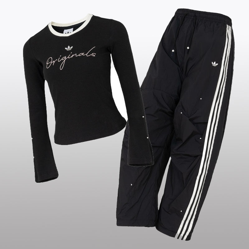 Adidas阿迪达斯三叶草运动套装女春季新款T恤长袖梭织长裤两件套