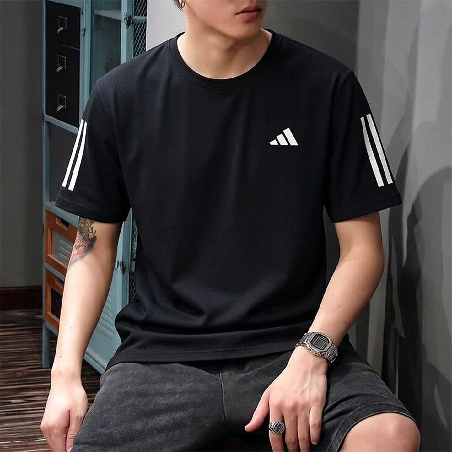 阿迪达斯速干短袖男装夏季新款半袖上衣男士正品黑色透气运动T恤