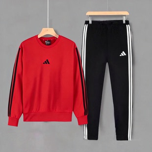阿迪达斯Adidas红色新年款套装男装2026春季新款卫衣长裤两件套男