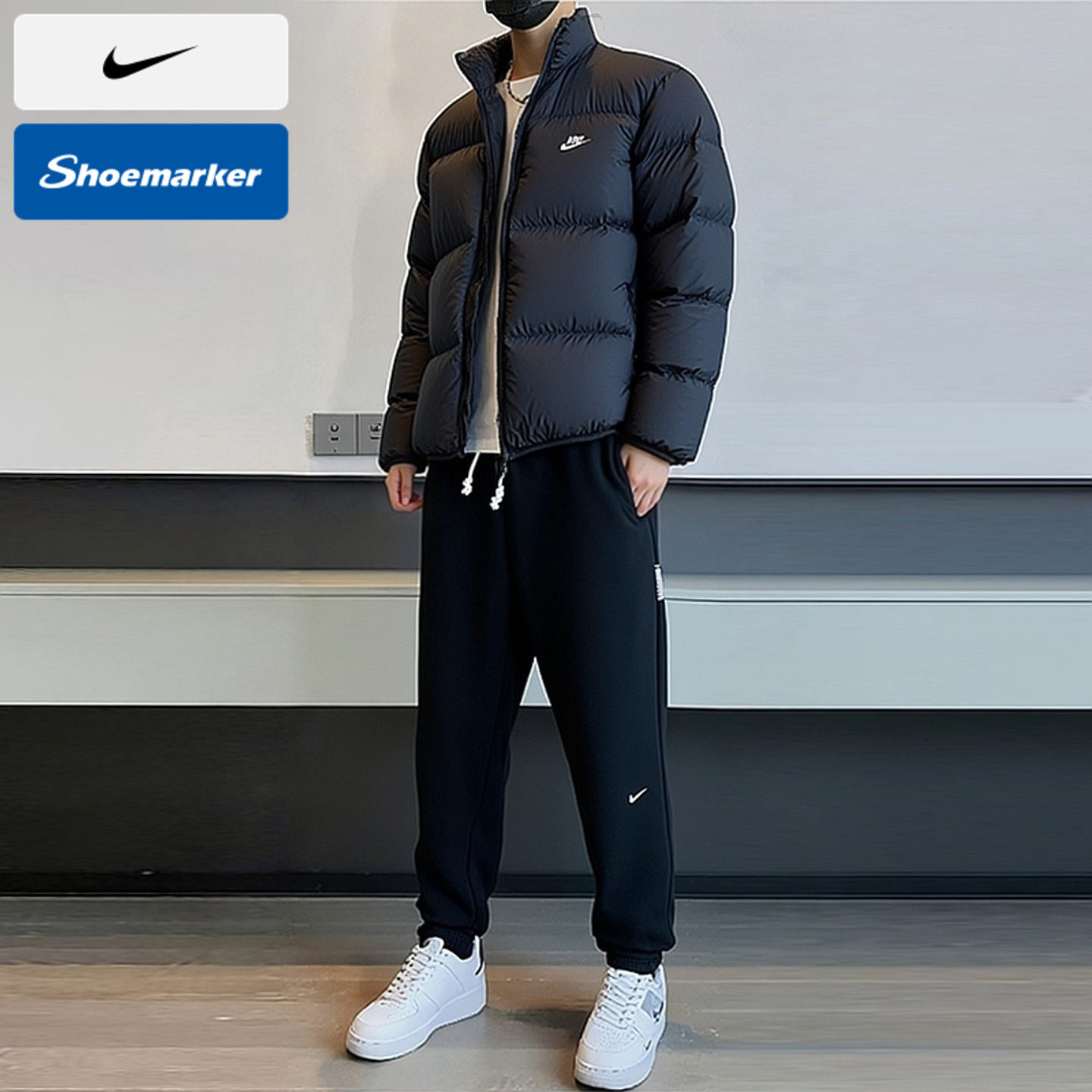 NIKE耐克黑色运动套装男装秋冬新款保暖休闲羽绒服长裤外套束脚裤