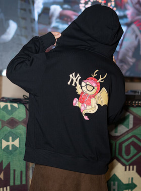 MLB官网连帽卫衣NY男装2025新款黑色长袖女运动套头衫3ATRQ0141