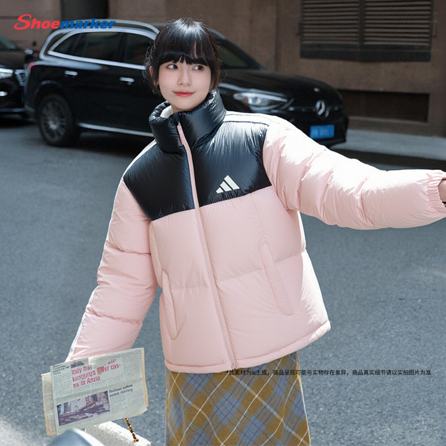 Adidas阿迪达斯短款粉色羽绒服女装2025夏季新款保暖立领羽绒外套