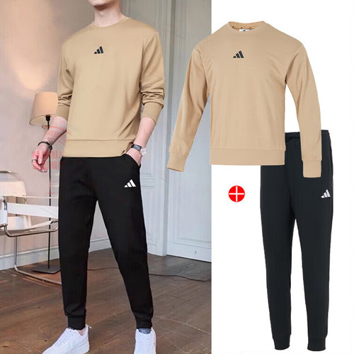 阿迪达斯运动套装男秋季新款圆领卫衣套头衫针织休闲束脚裤两件套
