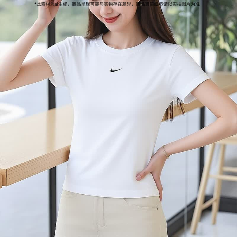 耐克女运动套装夏季跑步训练服透气简约潮流休闲白色修身短袖T恤