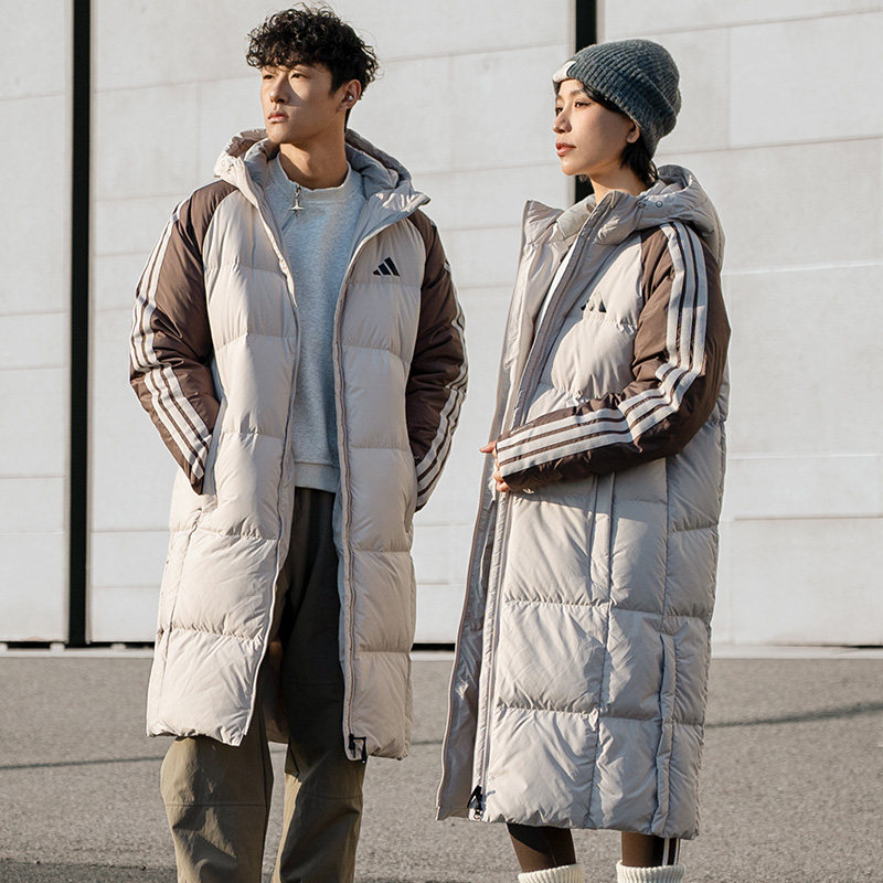 Adidas阿迪达斯长款羽绒服男装女装2025新款冬季拼色连帽羽绒外套